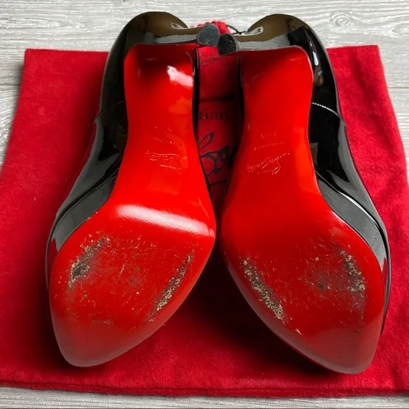Christian Louboutin Heels Black Patent Lady Peep Toe Pumps 10.5 Red Bottoms - Picture 7 of 13